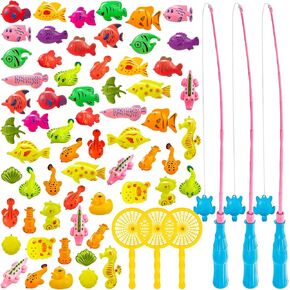 62Pcs Magnetic Fishing Game for Kids, Bathtub Kiddie Party Toy, Plastic Floating Fish with Pole Rod Net, Bath Toys for Kids Ages 4-8