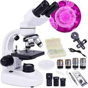 20000X Compound Binocular Microscope with Cell Phone Adapter, Dual LED Illumination, Slide Set, and 360° Swivel for Education and Lab Use