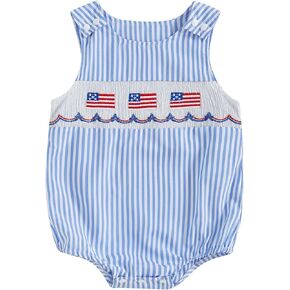Adobabirl Baby 4th of July Outfit Boy Girl American Flag Bubble Romper Smocked Overalls Newborn Fourth of July Clothes