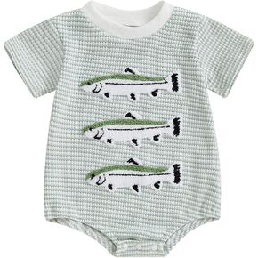 Muasaaluxi Newborn Baby Boy Summer Clothes Short Sleeve Fishing Embroidery Romper Stripe Bodysuit One Piece Jumpsuit
