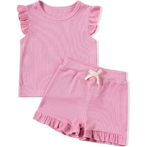 Toddler Baby Girl Summer Outfit Baby Girl Cute Fly Sleeve Tops T-shirt + Elastic Waist Ruffle Shorts 2Pcs Sets 1-5T