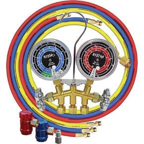 Mastercool 81661 R1234yf Brass Manifold Gauge Set with 60" Hoses, R1234yf Couplers and Vacuum Pump Adapter Fitting
