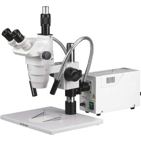 AmScope ZM-1TW3-FOD Professional Trinocular Stereo Zoom Microscope, EW10x and EW25x Eyepieces, 2X-225X Magnification, 0.67X-4.5X Zoom Objective, Dual-Gooseneck Fiber-Optic Light, Large Pillar-Style Table Stand, 110V-240V, Includes 0.3x and 2.0x Barlow Len