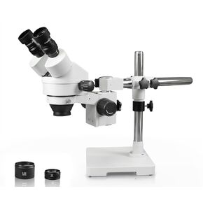 Vision Scientific VS-3EZ Binocular Zoom Stereo Microscope, 10x WF Eyepiece, 0.7X—4.5X Zoom, 3.5X—90x Magnification, 0.5X & 2X Auxiliary Lens, Single Arm Boom Stand