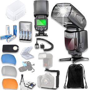 TTL Speed Light Flash for Canon DSLR Cameras Including EOS Rebel T3, T4, T6, T7, T1i, T2i, T3i, T4i, T5i, T6i, T7i + TTL Cord + L-Bracket + Flash Diffusers + 4 AA Rechargeable Batteries + Accessories