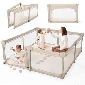 Sweeby Baby Playpen, 79x71 Inch Foldable Playpens for Babies and Toddlers with Gate, Extra Large Playpen with Door Play Yard for Baby Fence Indoor and Outdoor Portable Play Pen,Light Khaki