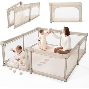 Sweeby Baby Playpen, 79x71 Inch Foldable Playpens for Babies and Toddlers with Gate, Extra Large Playpen with Door Play Yard for Baby Fence Indoor and Outdoor Portable Play Pen,Light Khaki in Kuwait