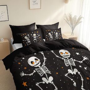 Toddler Duvet Cover 40 X 60 Inches - Cartoon Skeleton Illustration, Brushed Microfiber Reversible Comforter Cover, 2 Pieces Soft & Breathable Black Bedding Set with 1 Pillow Shams 20 X 30 Inches