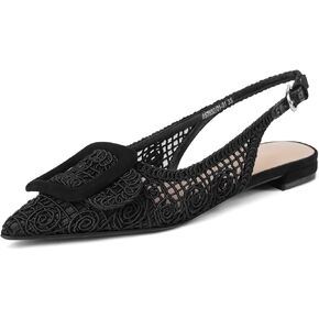 USIMAD Woven Pattern Slingback Flats for Women Pointed Toe Square Buckle Comfortable Work Dress Shoes Black