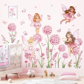 decalmile Pink Flower Fairy Wall Decals Dandelion Floral Butterfly Wall Stickers Girls Bedroom Baby Nursery Kids Room Wall Decor