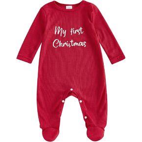 Lamuusaa Newborn Baby Girl Boy Christmas Outfit My First Christmas Footie Romper Long Sleeve Bodysuit One Piece Jumpsuit
