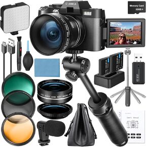 كاميرات رقمية 4K للتصوير الفوتوغرافي ، كاميرا Vlogging 48 ميجابكسل لـ YouTube مع Microphone و Tripod Grip ، كاميرا فيديو مع عدسة واسعة الزاوية والماكرو ، مجموعة Contractor Kit و Travel （Black）