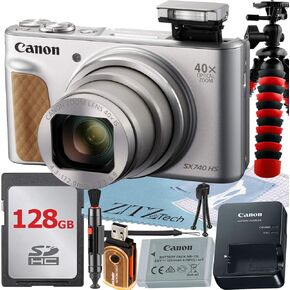 Canon PowerShot SX740 HS Digital Camera (Silver) with 128GB Memory Card + Tripod + Cleaning Kit + Accessory Bundle (Renewed)