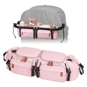 Double Stroller Organizer for Bob Duallie and Baby Jogger City Mini GT2, Double Stroller Caddy Organizers with Cup Holder and 2 Cooler Pockets Parent Console Double Stroller Accessories