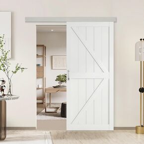 BARNSMITH 36in x 84in Sliding Barn Door With 6FT Hardware Kit, White K-Frame and Silver Box Rail, Solid Wooden Covered With Water-Proof PVC Surface, Easy Assembly