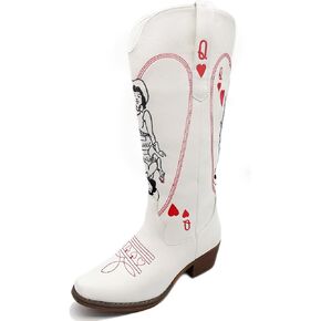cowgirl boots Vintage Embroidered Riding Boots Western Cowboy Boots with Red Heart & Star Patterns Slip-On Embroidered Boot
