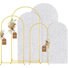 MODFUNS Metal Arch Backdrop Stand and Cover Set 6&6.6&7.2ft Pink Gold Sequins Arch Backdrop Covers Set of 3 Arched Stands Chiara Arches Cover for Party Banquet Wedding Ceremony Decor