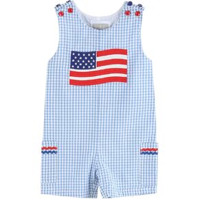 Boys Baby and Toddler USA Happy 4th of July Smocked Blue Gingham American Flag Pocket Shortalls