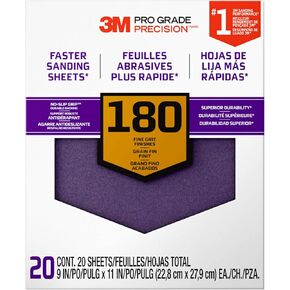 3M Pro Grade Sandpaper, 180 Grit, 9" x 11" Sheets – 20-Pack for Fine Finishing on Wood, Metal, and Paint Surfaces