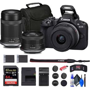 Canon EOS R50 Mirrorless Camera with 18-45mm and 55-210mm Lenses (Black) (5811C022) + 64GB Memory Card + Bag + Charger + LPE17 Battery + Card Reader + Memory Wallet + Cleaning Kit (Renewed)