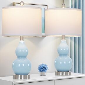 22" Modern Double Gourd Ceramic Table Lamps Set of 2, Pink Bedside Lamps for Living Room, Contemporary Nightstand Desk Lamps for Bedroom End Table Home Office Decor(2 LED Bulbs Included)