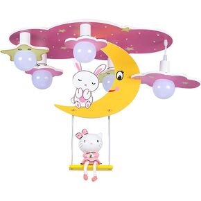 Pink Ceiling Light Princess Design Moon Rabbit Theme 35W Wooden Base 5 Bulbs Recessed Lighting for Kids Bedroom Nursery Girls Room Decor