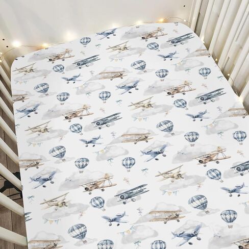 Vintage Planes Airplanes Helicopters Baby Crib Sheets Boy Girl 28"x52" Hot Air Balloon Plane Clouds Sky Soft Stretchy Fitted Crib Mattress Cover Baby Sheet for Standard Crib & Toddler Mattress Pad in Saudi Arabia