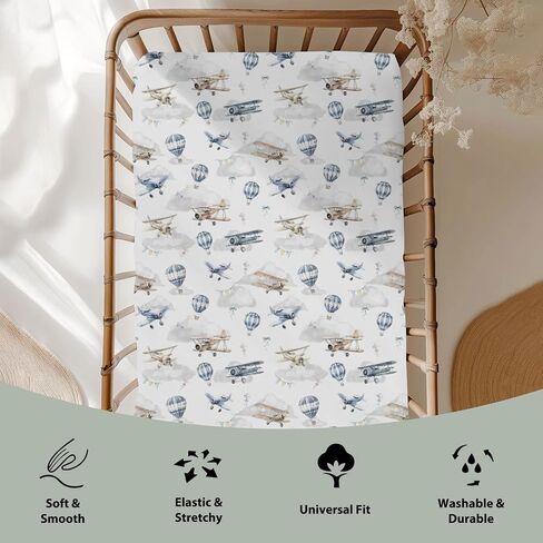 Vintage Planes Airplanes Helicopters Baby Crib Sheets Boy Girl 28"x52" Hot Air Balloon Plane Clouds Sky Soft Stretchy Fitted Crib Mattress Cover Baby Sheet for Standard Crib & Toddler Mattress Pad in Saudi Arabia