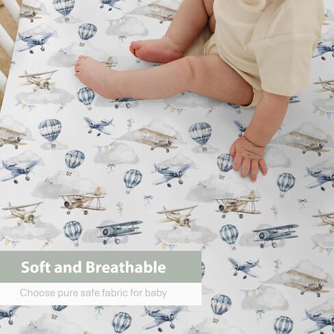Vintage Planes Airplanes Helicopters Baby Crib Sheets Boy Girl 28"x52" Hot Air Balloon Plane Clouds Sky Soft Stretchy Fitted Crib Mattress Cover Baby Sheet for Standard Crib & Toddler Mattress Pad in Saudi Arabia