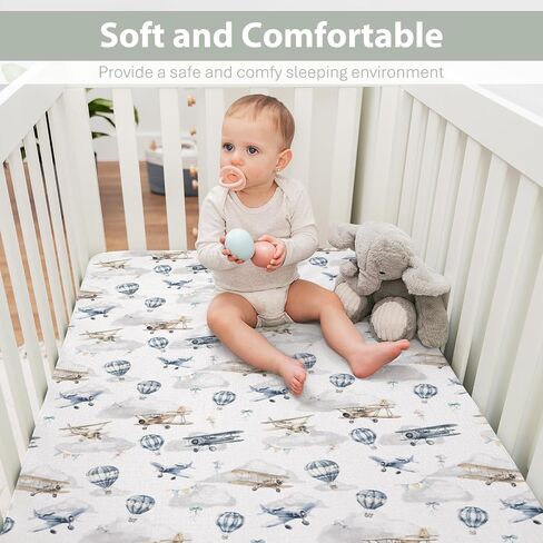 Vintage Planes Airplanes Helicopters Baby Crib Sheets Boy Girl 28"x52" Hot Air Balloon Plane Clouds Sky Soft Stretchy Fitted Crib Mattress Cover Baby Sheet for Standard Crib & Toddler Mattress Pad in Saudi Arabia