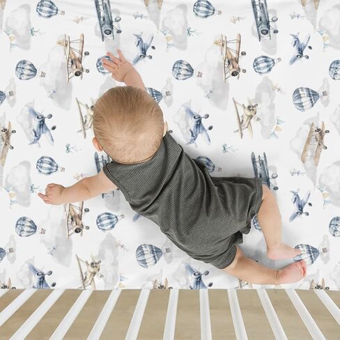 Vintage Planes Airplanes Helicopters Baby Crib Sheets Boy Girl 28"x52" Hot Air Balloon Plane Clouds Sky Soft Stretchy Fitted Crib Mattress Cover Baby Sheet for Standard Crib & Toddler Mattress Pad in Saudi Arabia