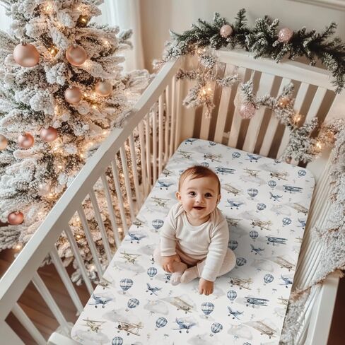 Vintage Planes Airplanes Helicopters Baby Crib Sheets Boy Girl 28"x52" Hot Air Balloon Plane Clouds Sky Soft Stretchy Fitted Crib Mattress Cover Baby Sheet for Standard Crib & Toddler Mattress Pad in Saudi Arabia