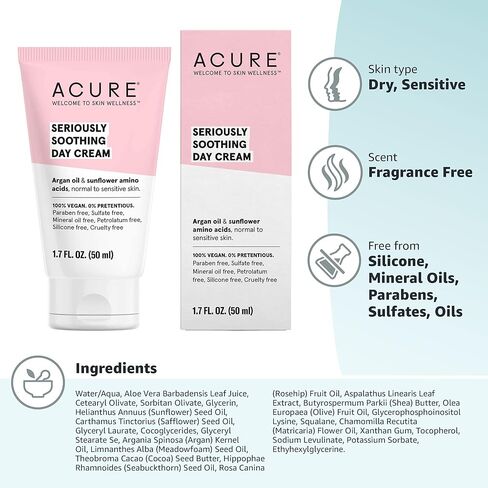 Acure Seriously Soothing Day Cream - Daily Hydrating Facial Cream - Moisturizer for Dry to Sensitive Skin from Argan Oil & Sunflower Amino Acids with Chamomile - Vegan, Unscented - 1.7 Fl Oz in Kuwait