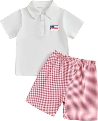 طفل طفل طفل الرابع 4 يوليو الزي العلم الأمريكي الأكمام قصيرة الأكمام أسفل القميص البولو شورت الرابع من يوليو in Kuwait