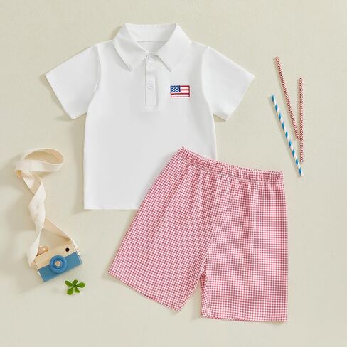 طفل طفل طفل الرابع 4 يوليو الزي العلم الأمريكي الأكمام قصيرة الأكمام أسفل القميص البولو شورت الرابع من يوليو in Kuwait