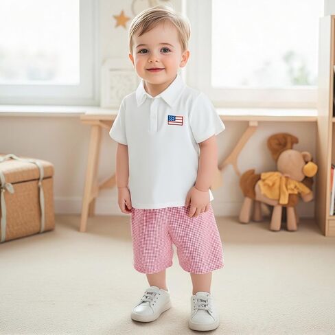 طفل طفل طفل الرابع 4 يوليو الزي العلم الأمريكي الأكمام قصيرة الأكمام أسفل القميص البولو شورت الرابع من يوليو in Kuwait