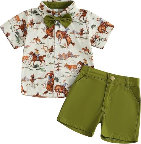 Karuedoo Western Toddler Baby Boy Clothes Riding Horse Button Down Short Sleeve Shirt Tops Shorts Set Summer Country Outfit in Saudi Arabia