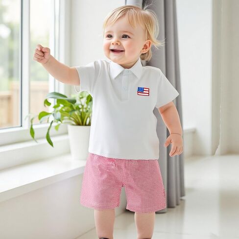 طفل طفل طفل الرابع 4 يوليو الزي العلم الأمريكي الأكمام قصيرة الأكمام أسفل القميص البولو شورت الرابع من يوليو in Kuwait