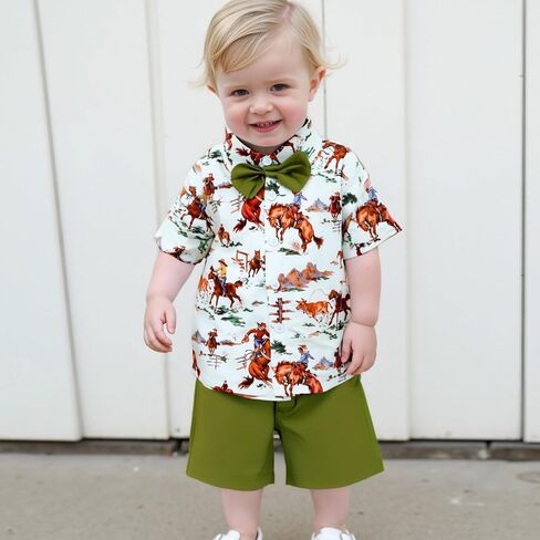 Karuedoo Western Toddler Baby Boy Clothes Riding Horse Button Down Short Sleeve Shirt Tops Shorts Set Summer Country Outfit in Saudi Arabia