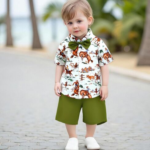 Karuedoo Western Toddler Baby Boy Clothes Riding Horse Button Down Short Sleeve Shirt Tops Shorts Set Summer Country Outfit in Saudi Arabia