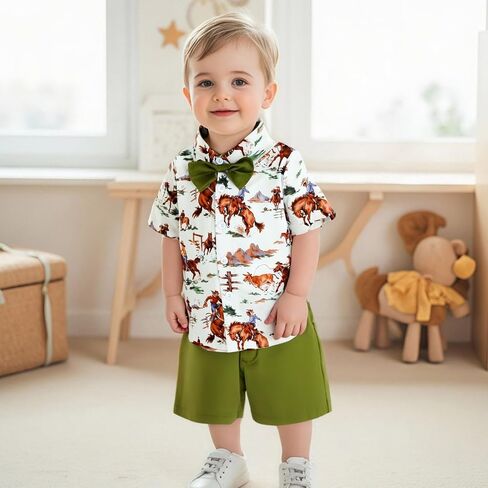 Karuedoo Western Toddler Baby Boy Clothes Riding Horse Button Down Short Sleeve Shirt Tops Shorts Set Summer Country Outfit in Saudi Arabia