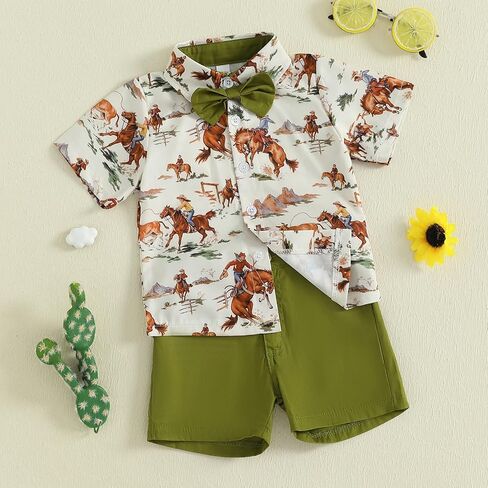 Karuedoo Western Toddler Baby Boy Clothes Riding Horse Button Down Short Sleeve Shirt Tops Shorts Set Summer Country Outfit in Saudi Arabia