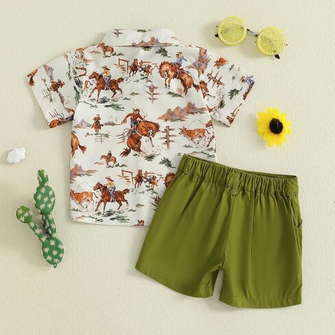 Karuedoo Western Toddler Baby Boy Clothes Riding Horse Button Down Short Sleeve Shirt Tops Shorts Set Summer Country Outfit in Saudi Arabia