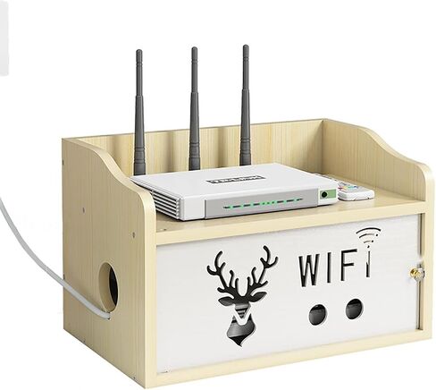 Wall Mounting Wireless WiFi Router Boxes, WiFi Router Organize Box Router Storage Shelf, Set-top Box Shelf, Creative White Decorative Floating Shelf, Power Cord Plug Storage Box(Wood Color) in Saudi Arabia