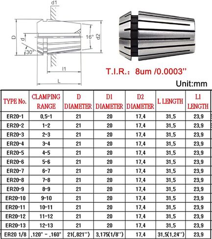 Wokesi 14pcs ، ER20 1mm 2mm 3mm 4mm 5mm 6mm 7mm 8mm 9mm 10mm 11mm 11mm 13mm 13mm 1/8 قطر التثبيت ، مجموعة Chuck Collet Spring for CNC Machine Mill Tool (Collet DIA: 1MM-13MM T.I.R: 8UM ، ER20) in Kuwait