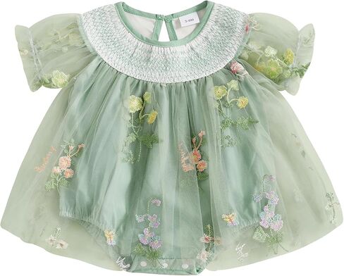 Baby Girl Tulle Tutu Romper Dress Flower Embroidery Short Sleeve Fairy Smocked Dresses Party Princess Sundress in Saudi Arabia