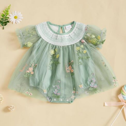 Baby Girl Tulle Tutu Romper Dress Flower Embroidery Short Sleeve Fairy Smocked Dresses Party Princess Sundress in Saudi Arabia