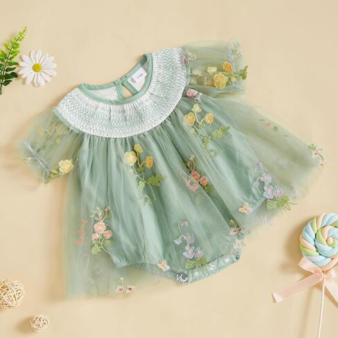 Baby Girl Tulle Tutu Romper Dress Flower Embroidery Short Sleeve Fairy Smocked Dresses Party Princess Sundress in Saudi Arabia