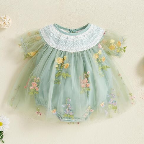 Baby Girl Tulle Tutu Romper Dress Flower Embroidery Short Sleeve Fairy Smocked Dresses Party Princess Sundress in Saudi Arabia