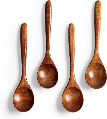 4 PCS Wooden Spoons for Honey, 6.7 inch Small Wooden Spoons - Terrific for Tea, Coffee & Soup, Little Wood Serving Table Spoon Set, Bulk Bamboo Teaspoon for Eating with Unique Design in Kuwait